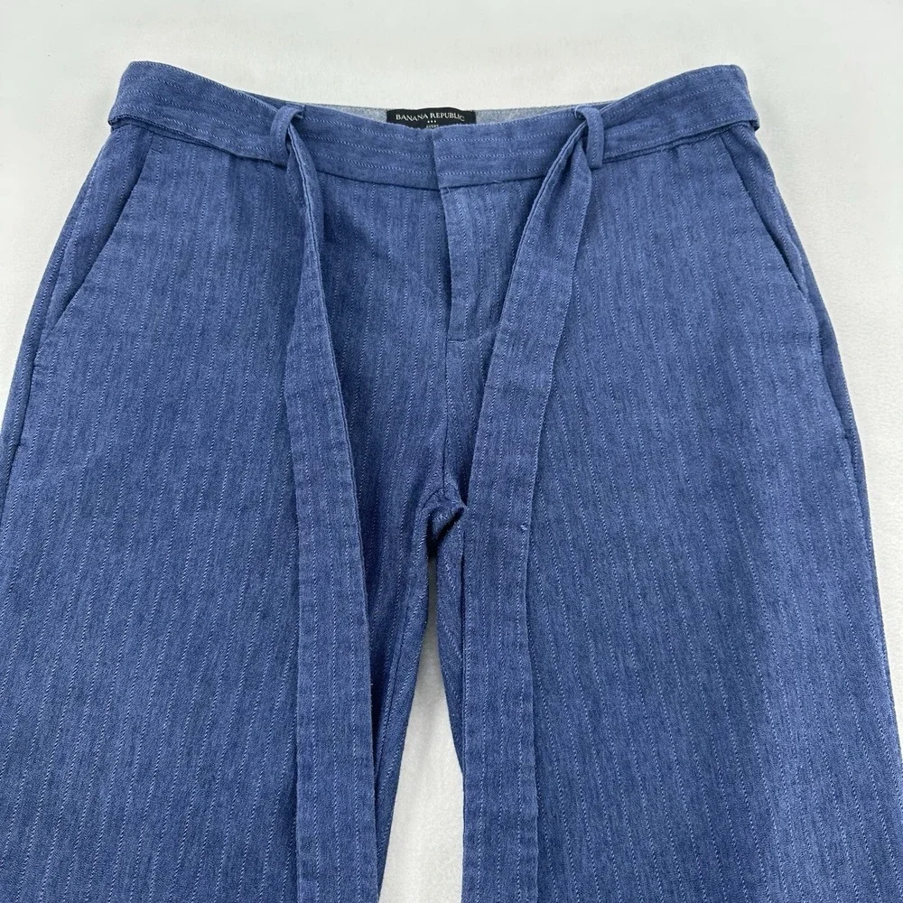 Banana Republic Size 6 Avery Tie Waist Herringbone Trousers Blue  Linen Blend